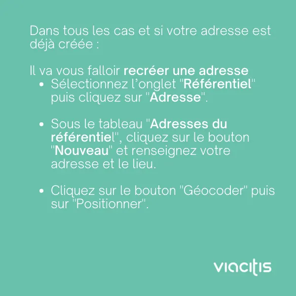 Dans tous les cas et si votre adresse est déjà créée, il va vous falloir recréer une adresse : sélectionnez l’onglet « Référentiel » puis cliquez sur « Adresse ». Sous le tableau « Adresses du référentiel », cliquez sur le bouton « Nouveau » et renseignez votre adresse et le lieu. Cliquez sur le bouton « Géocoder » puis sur « Positionner ».