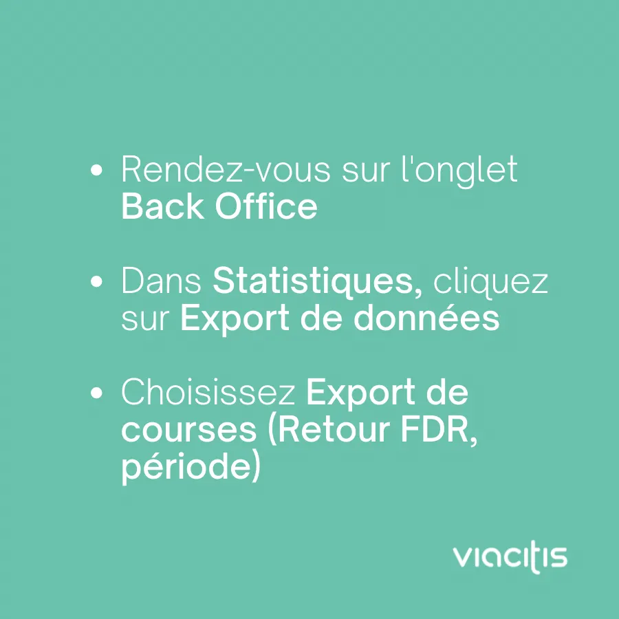 Rendez-vous sur l’onglet Back Office. Dans Statistiques, cliquez sur Export de données. Choisissez Export de courses (Retour FDR, période).
