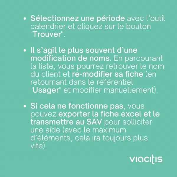 Sélectionnez une période avec l’outil calendrier et cliquez sur le bouton « Trouver ». Il s’agit le plus souvent d’une modification de noms : en parcourant la liste, vous pourrez retrouver le nom du client et re-modifier sa fiche (en retournant dans le référentiel « Usager » et modifier manuellement). Si cela ne fonctionne pas, vous pouvez exporter la fiche excel et la transmettre au SAV pour solliciter une aide (avec le maximum d’éléments, cela ira toujours plus vite).