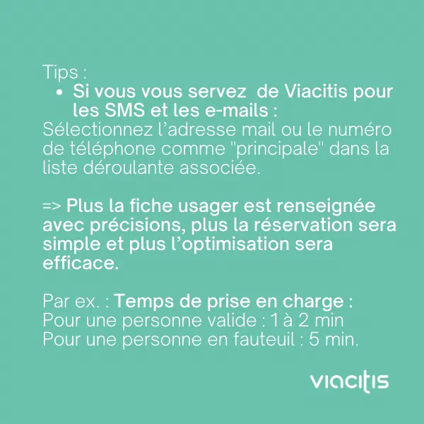 Tips : si vous vous servez de Viacitis pour les SMS et les e-mails, sélectionnez l’adresse mail ou le numéro de téléphone comme « principale » dans la liste déroulante associée. Plus la fiche usager est renseignée avec précision, plus la réservation sera simple et plus l’optimisation sera efficace. Par ex. : temps de prise en charge : pour une personne valide, 1 à 2 min ; pour une personne en fauteuil, 5 min.